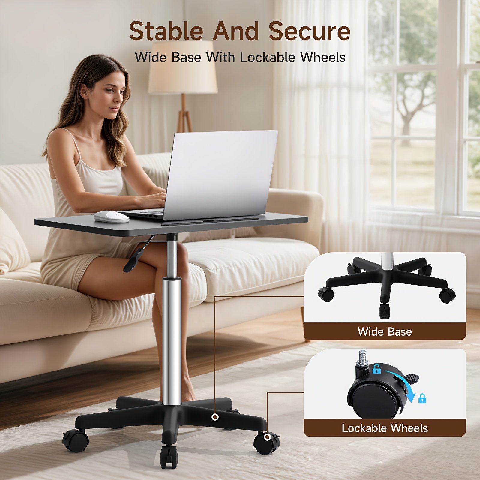 Pneumatic Mobile Computer Desk – Adjustable Height 23.6"–31.5", Rolling Wheels