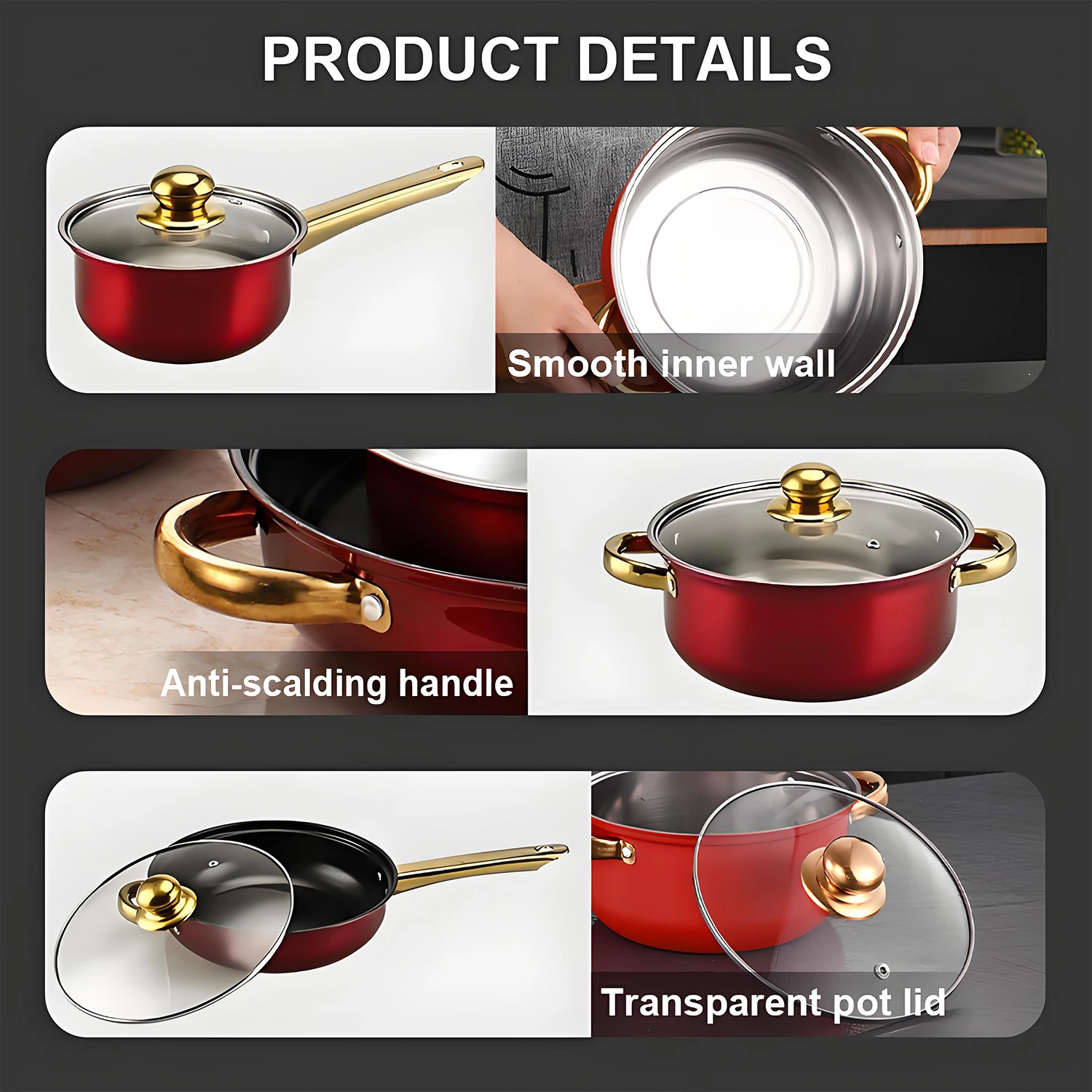 12-Piece Red Cookware Set, Stainless Steel, Non-Stick Kitchen Collection - Image 6