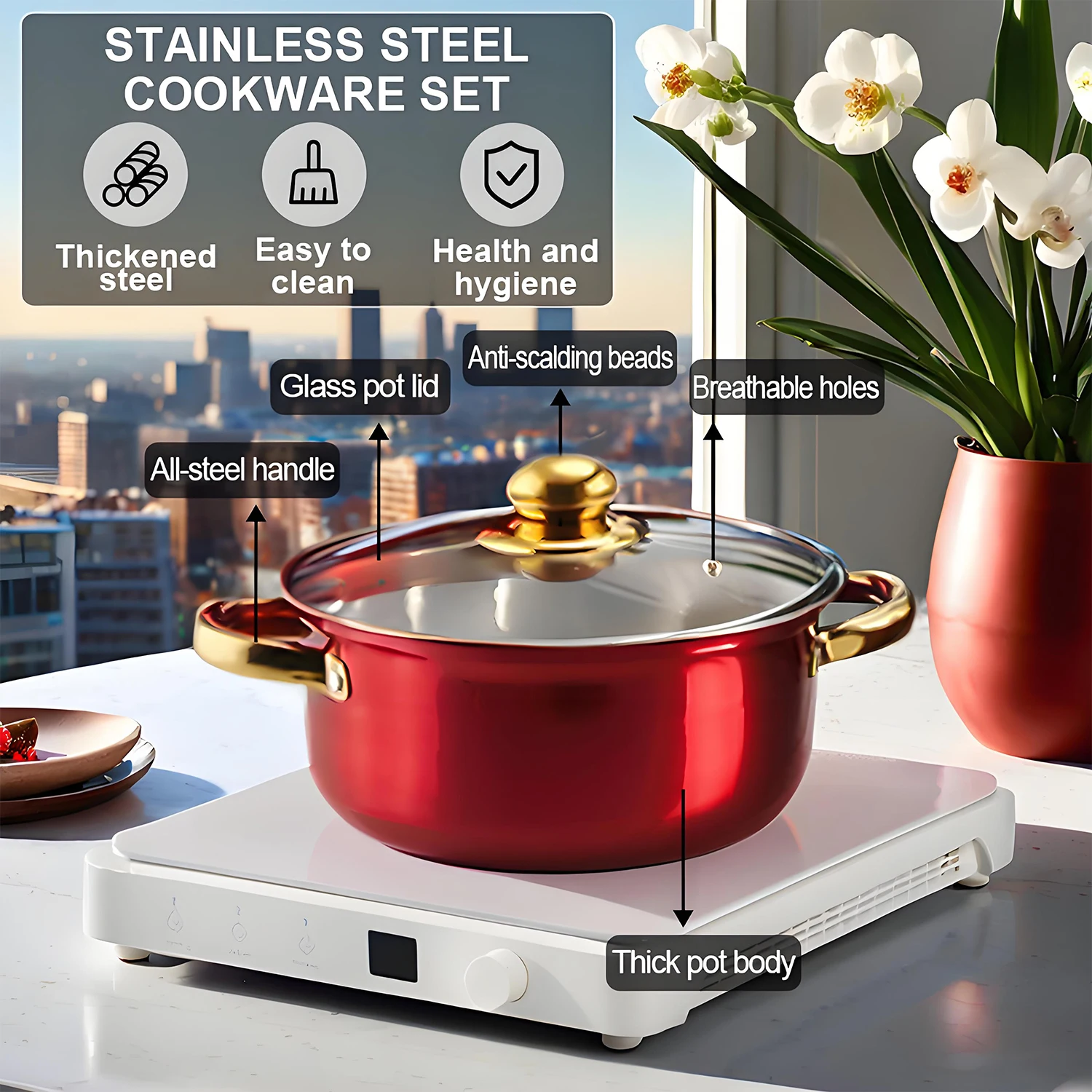 12-Piece Red Cookware Set, Stainless Steel, Non-Stick Kitchen Collection - Image 3
