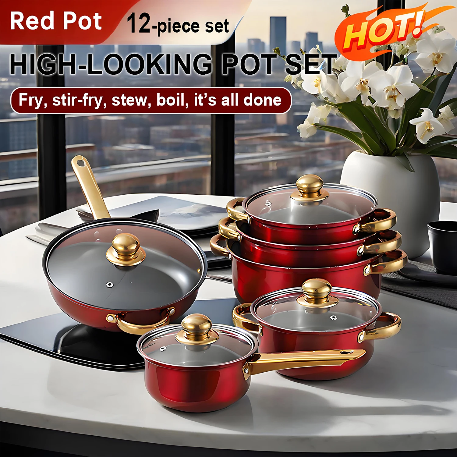 12-Piece Red Cookware Set, Stainless Steel, Non-Stick Kitchen Collection - Image 2