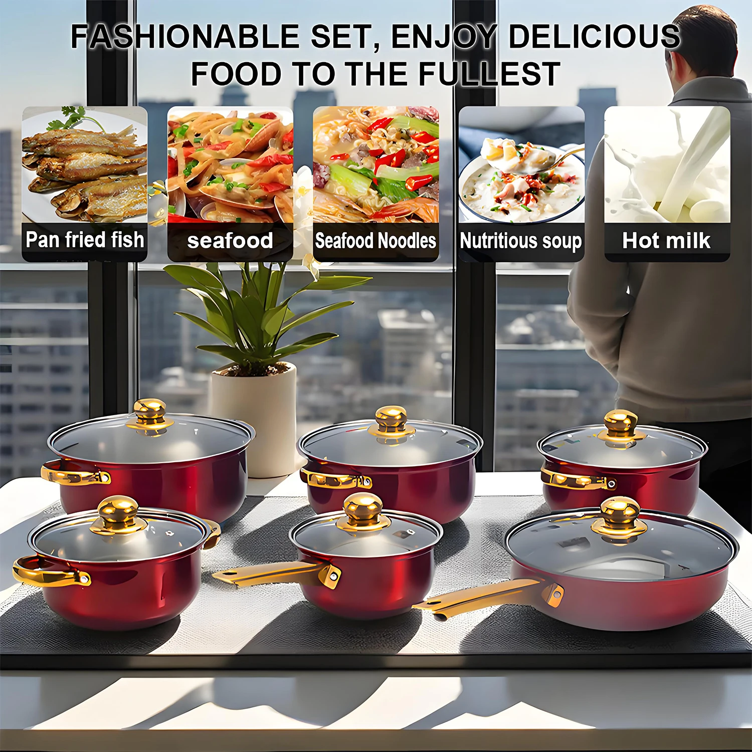 12-Piece Red Cookware Set, Stainless Steel, Non-Stick Kitchen Collection