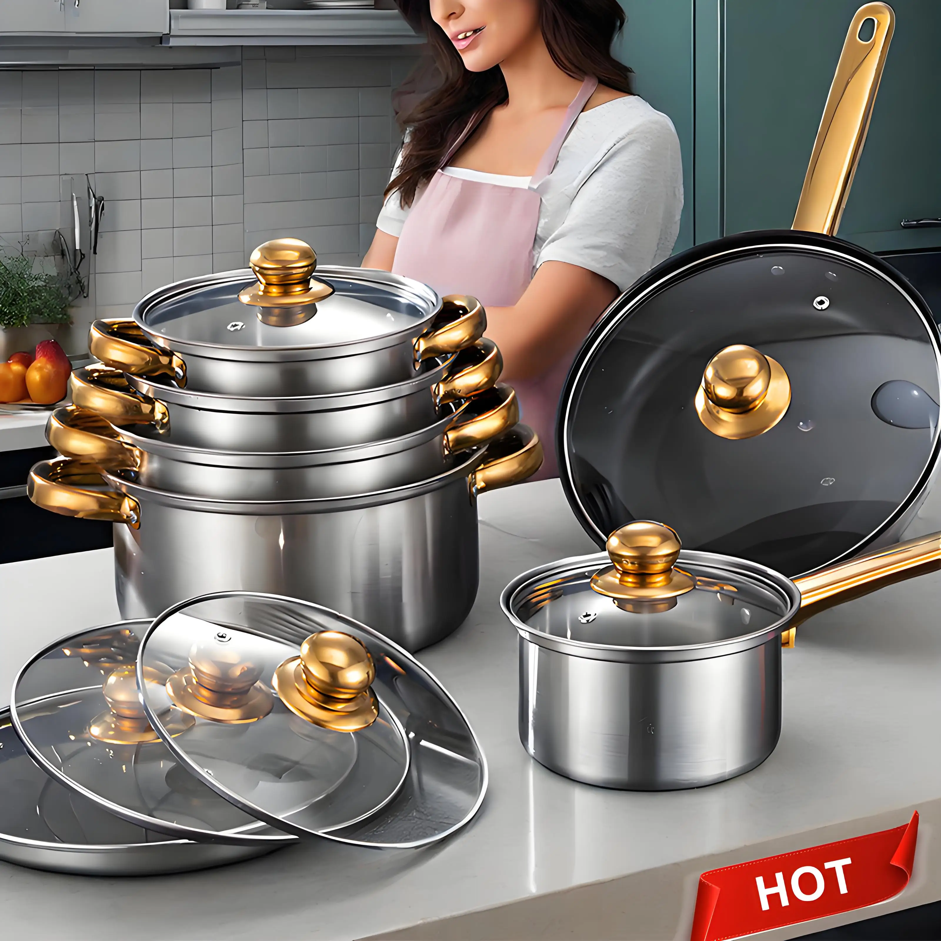 12-Piece Red Cookware Set, Stainless Steel, Non-Stick Kitchen Collection - Image 7