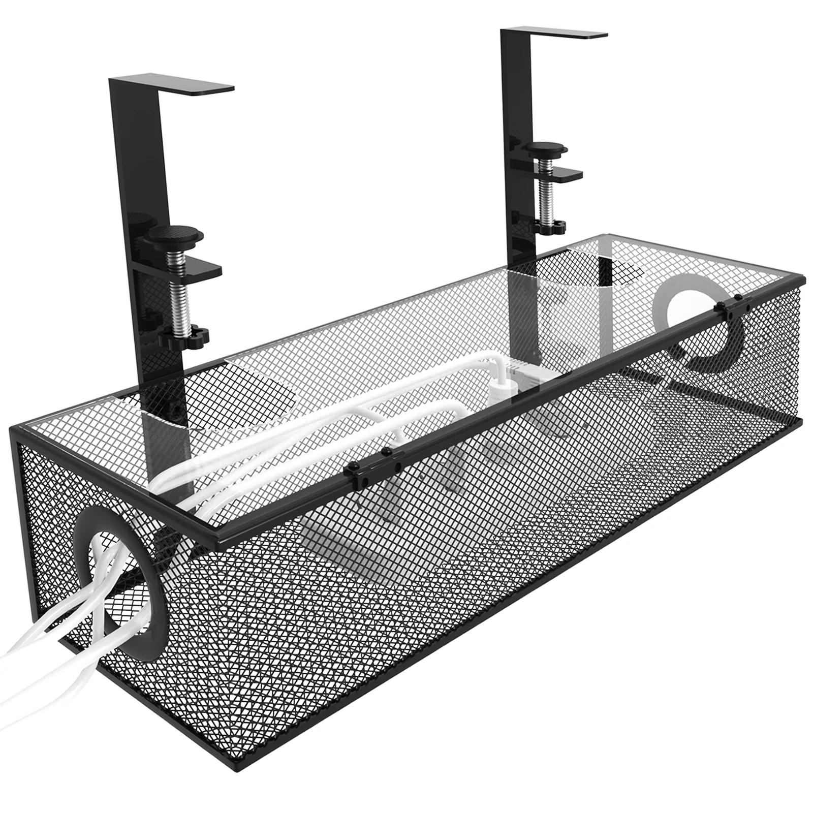 Under Desk Wire Management Box Tray – Black Clamp Mount Cord Organizer, 1 Pack