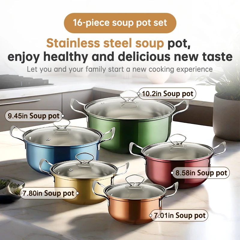 16-Piece Multi-Colored Non-Stick Stainless Steel Cookware Set – Frying Pan, Skillet, Stew Pot with Lids