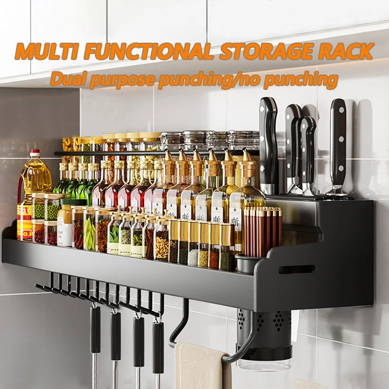 Wall-Mounted Stainless Steel Kitchen Rack – Knife Holder, Hooks & Towel Hanger