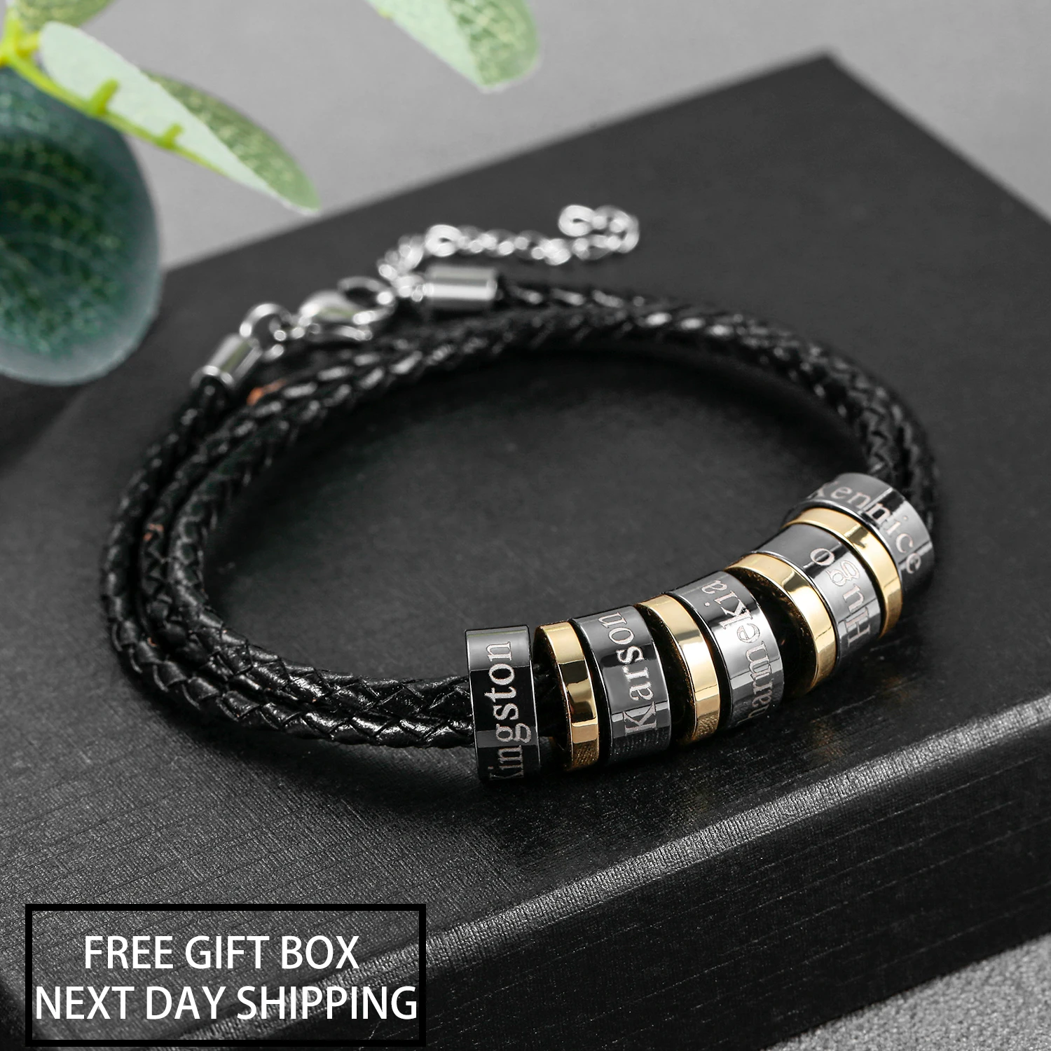 Custom Men's Black Beaded Genuine Leather Braided Bracelet Personalized Christmas Gift