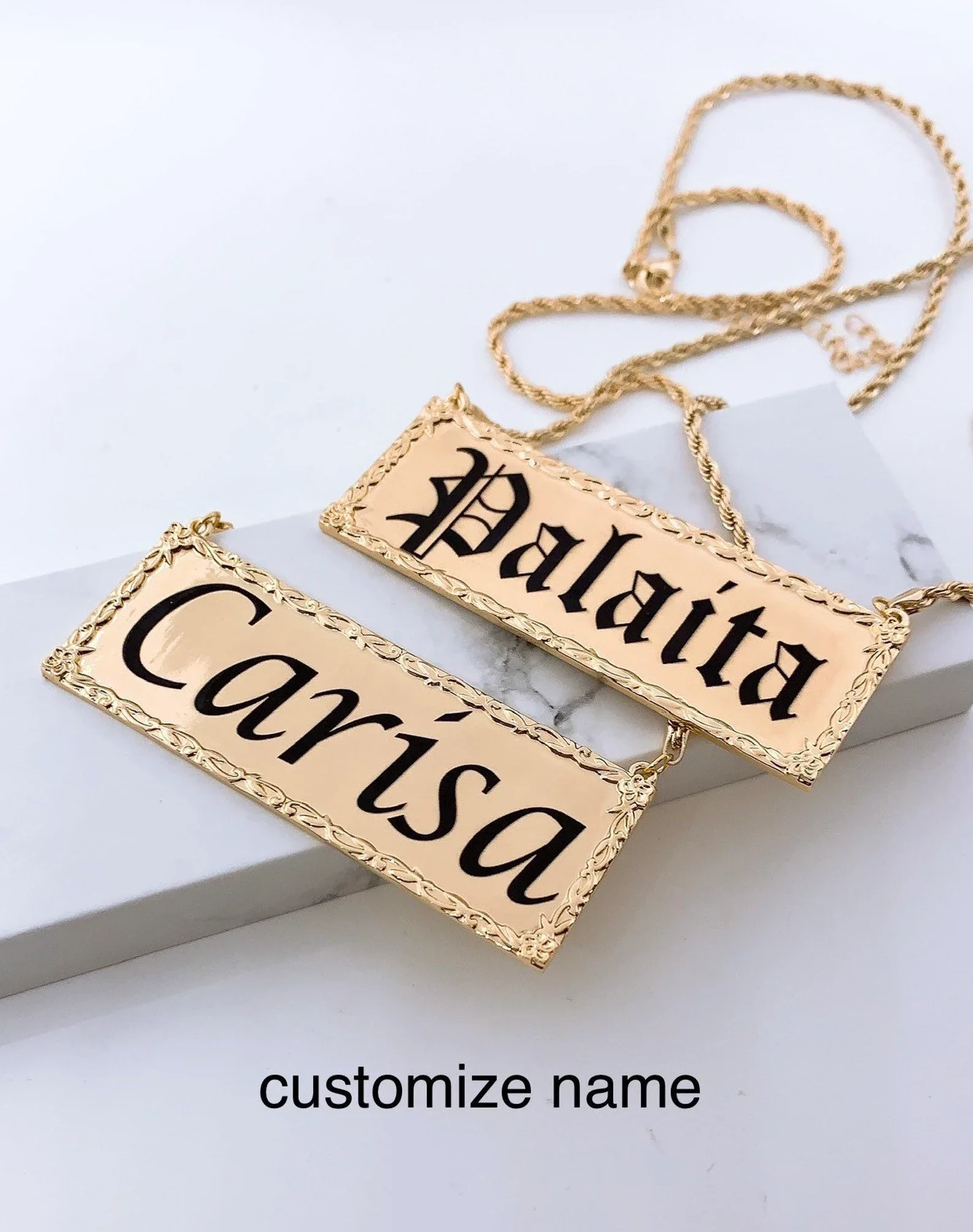Hawaiian Personalized Flower Name Plate Necklace 18in Rope Chain Gold