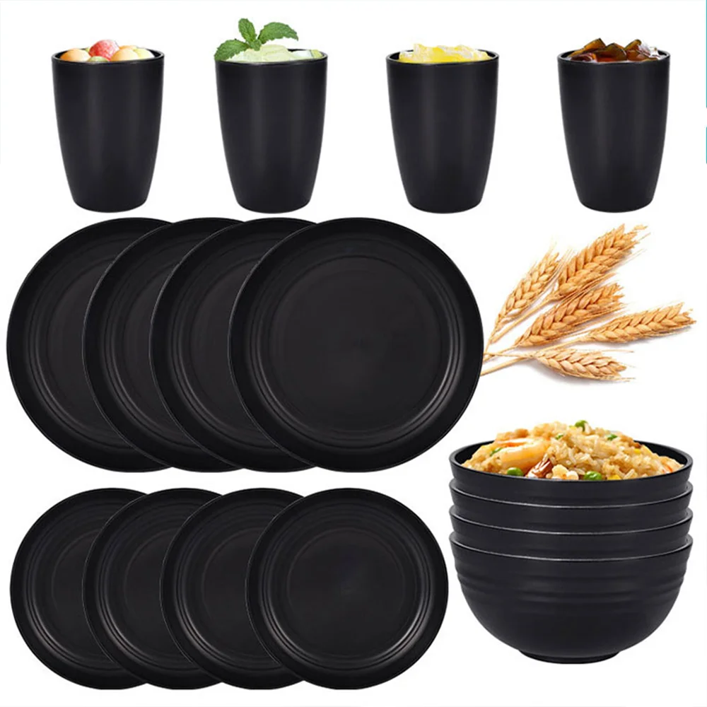 16-Piece Wheat Straw Dinnerware Set for 8 - Black, Microwave & Dishwasher Safe