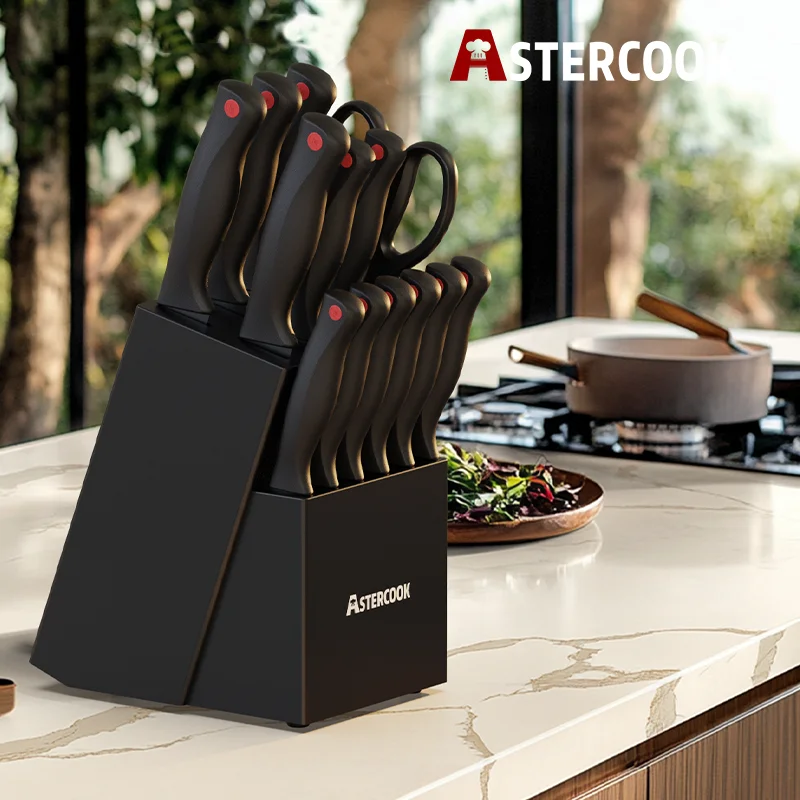 15-Piece Astercook Knife Set with Sharpener Block - German Stainless Steel, Dishwasher Safe