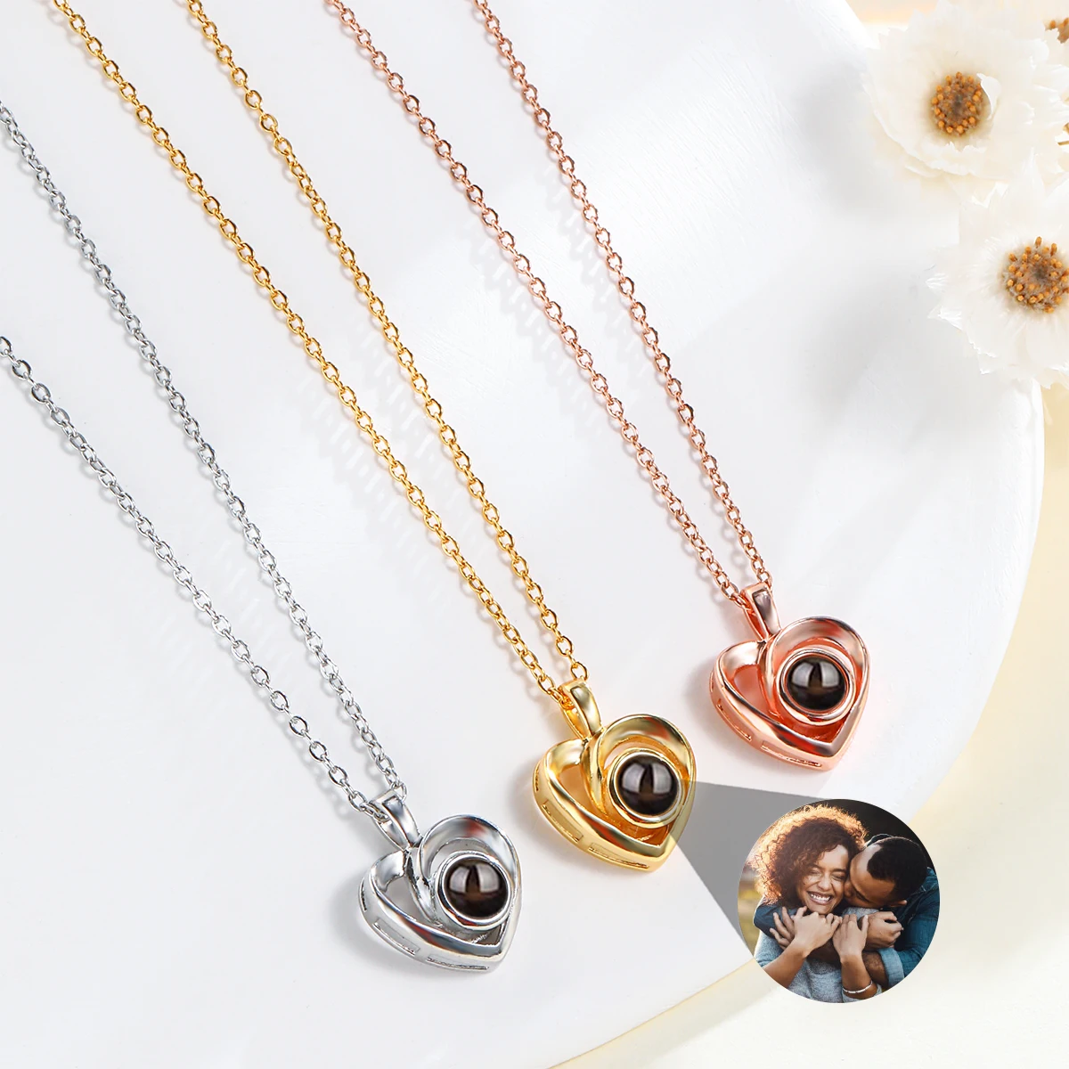Custom Photo Projection Heart Pendant Necklace Memorial Anniversary Gift for Women Men