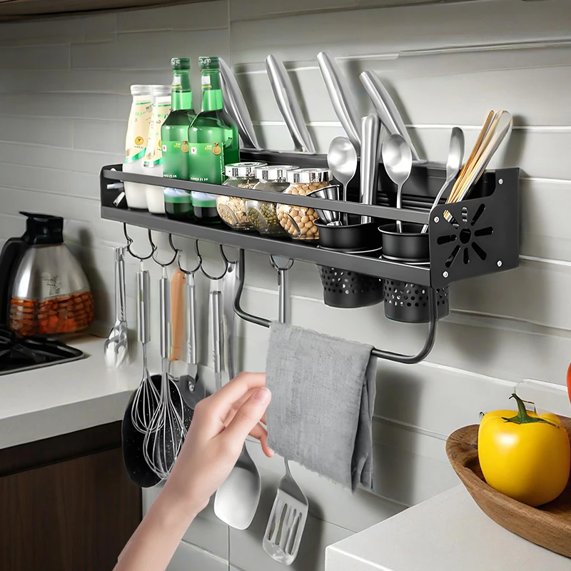 Wall-Mounted Stainless Steel Kitchen Organizer – No-Drill Spice, Knife & Chopstick Rack - Image 3