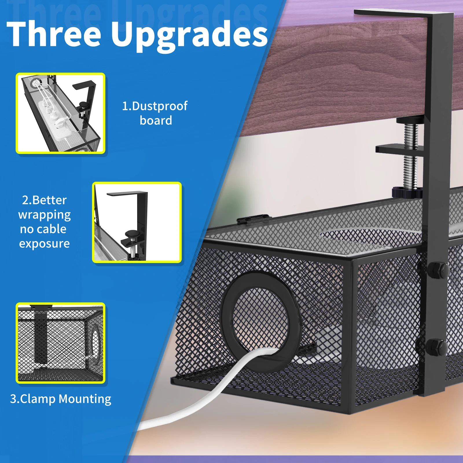 Under Desk Wire Management Box Tray – Black Clamp Mount Cord Organizer, 1 Pack - Image 3