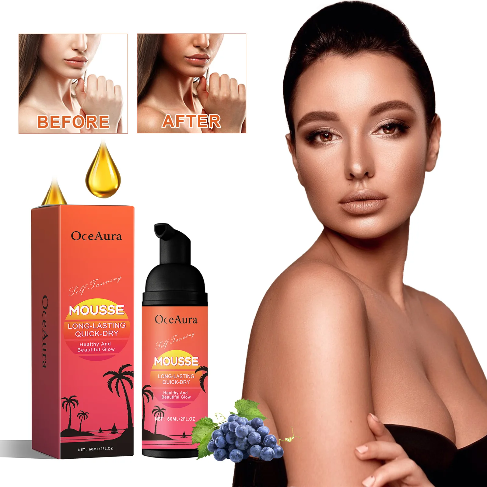 Oceaura 60ml Self Tanning Mousse - Intensive Brown Boost & Sunburn Protection Tanner