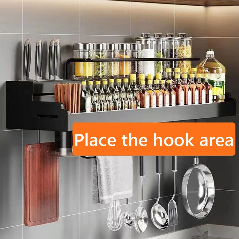 Wall-Mounted Stainless Steel Kitchen Rack – Knife Holder, Hooks & Towel Hanger - Image 3