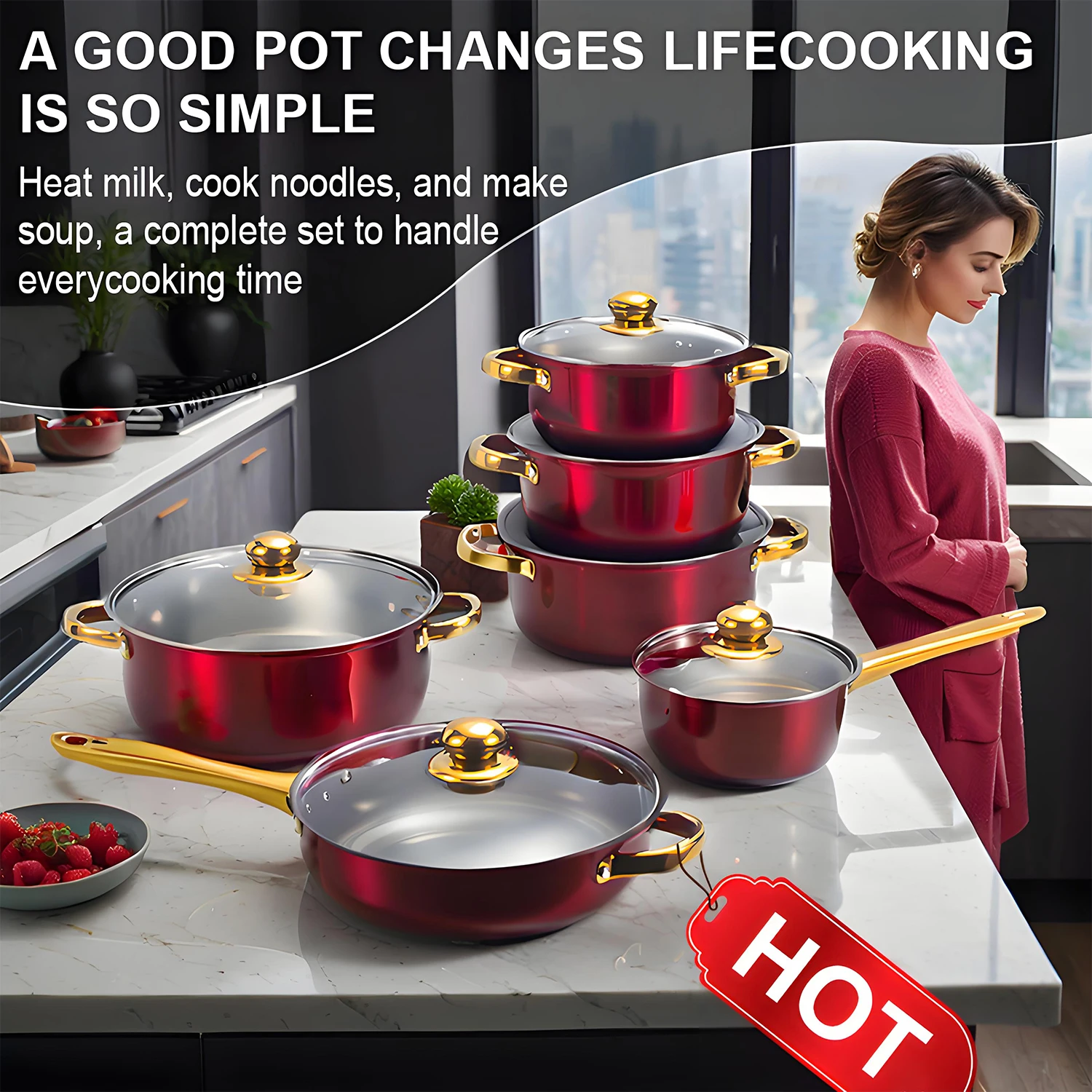 12-Piece Red Cookware Set, Stainless Steel, Non-Stick Kitchen Collection - Image 4