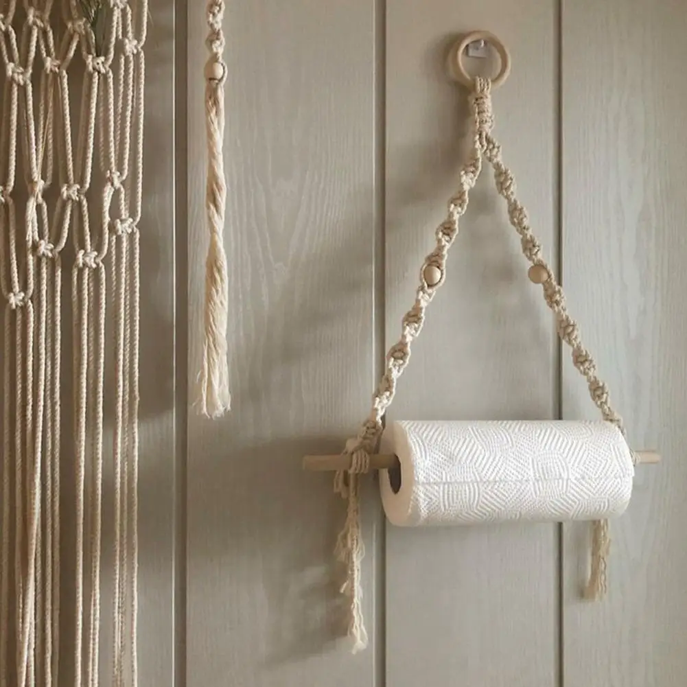 Nordic Wooden Stick Toilet Paper Holder Wall Hanging Hand-woven Tapestry Macrame Kitchen Bathroom Towel Rack Decoration - Image 3