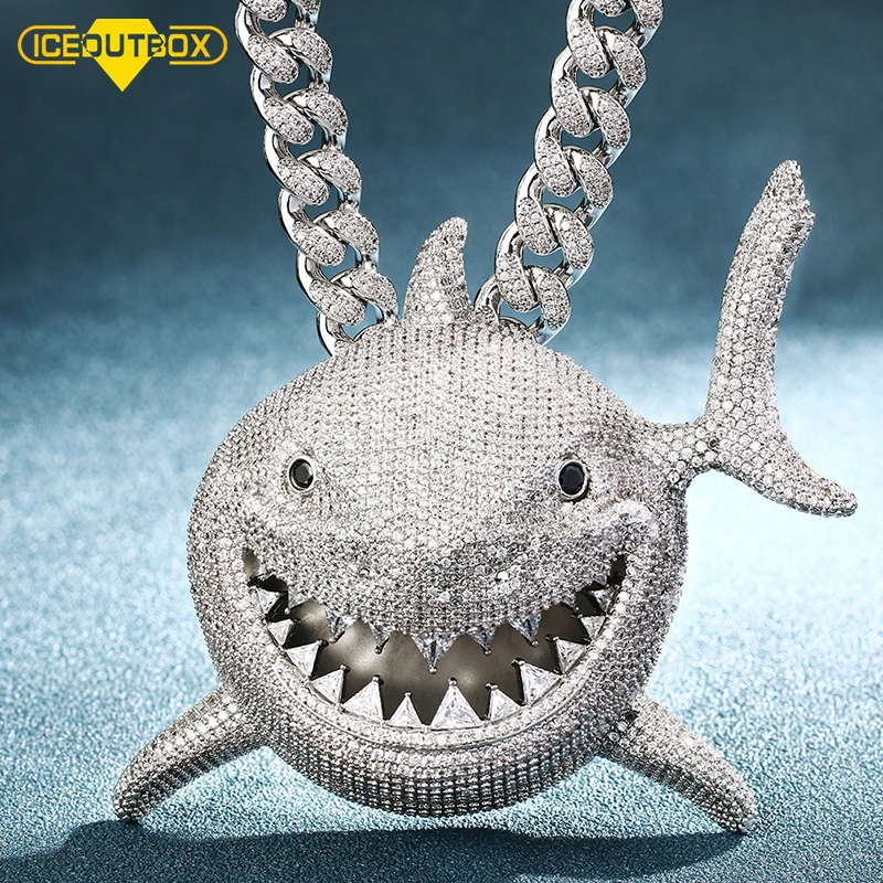 Oversized Iced Out Shark Pendant Necklace Crystal Bling CZ Stone Men's Hip Hop Jewelry