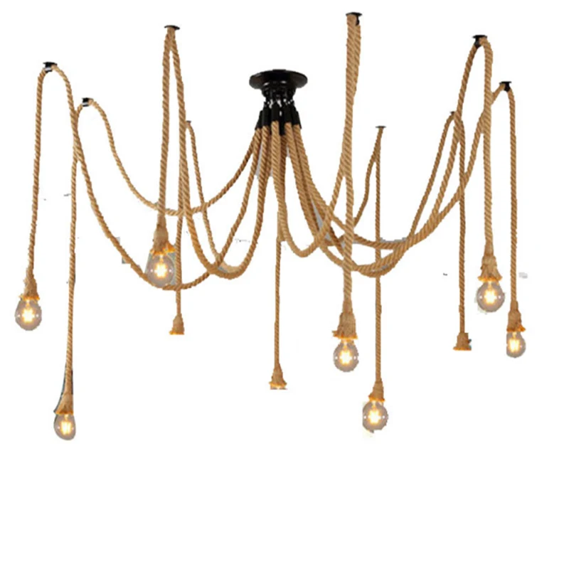 Vintage Hemp Rope Pendant Lamp – Retro Multi-Head Light for Dining & Living Room