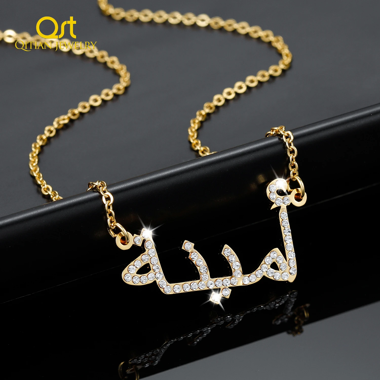 Custom Arabic Name Necklace Stainless Steel Crystal Pendant Iced Out Jewelry Birthday Gift
