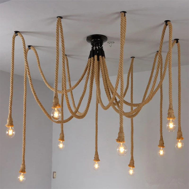 Vintage Hemp Rope Pendant Lamp – Retro Multi-Head Light for Dining & Living Room - Image 2