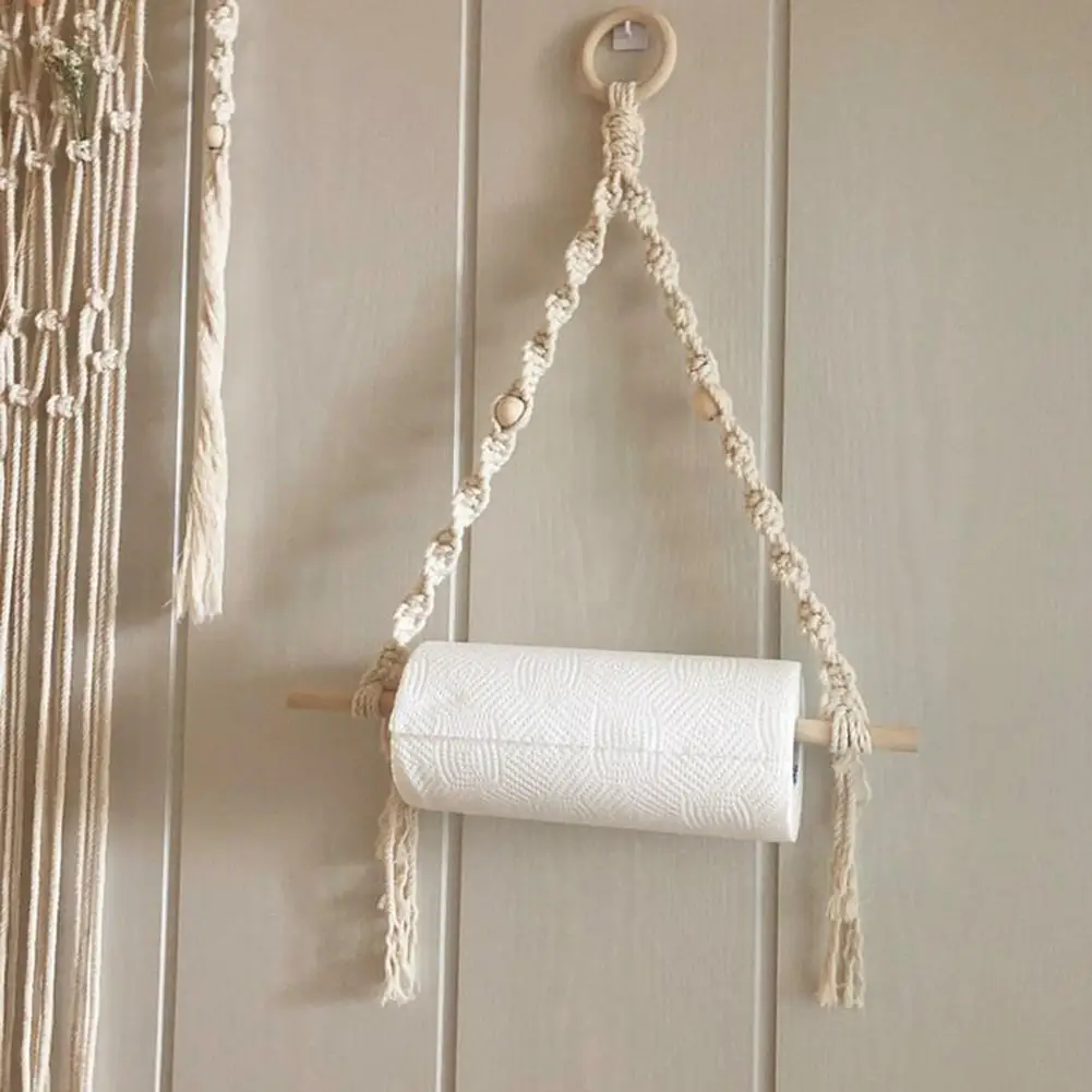 Nordic Wooden Stick Toilet Paper Holder Wall Hanging Hand-woven Tapestry Macrame Kitchen Bathroom Towel Rack Decoration