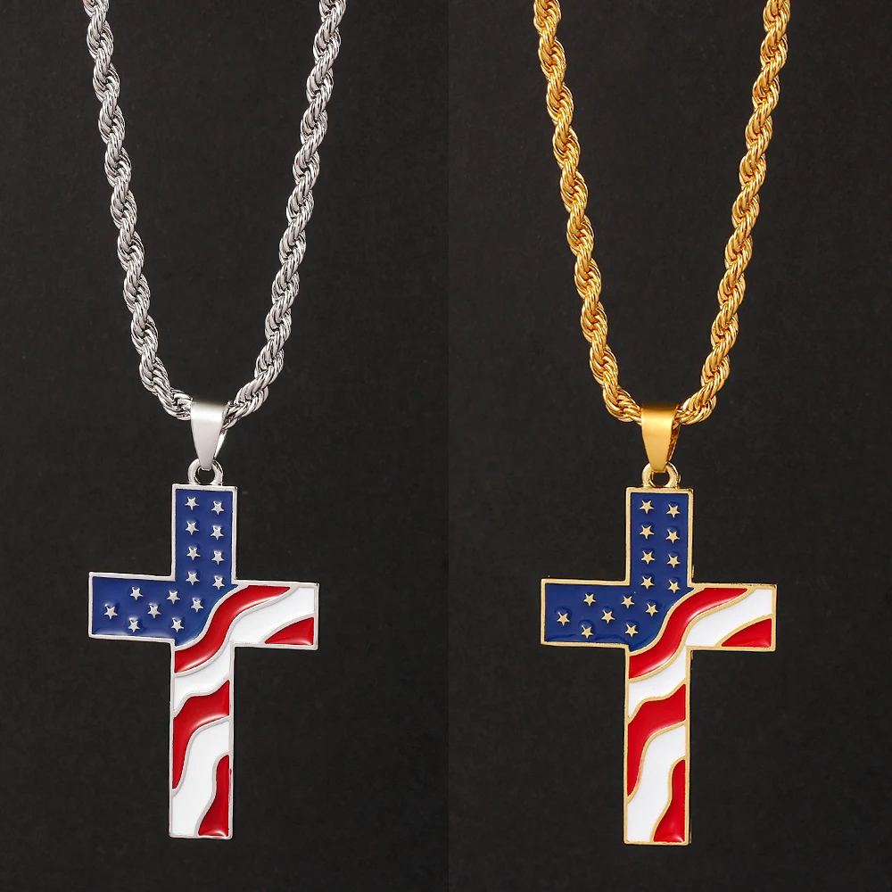 American Flag Cross Necklace – Gold & Silver Enamel Pendant for Christians