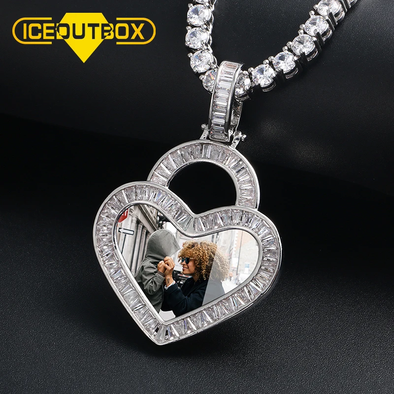 Custom Heart Pendant Necklace – Baguette CZ Photo Jewelry for Him & Her