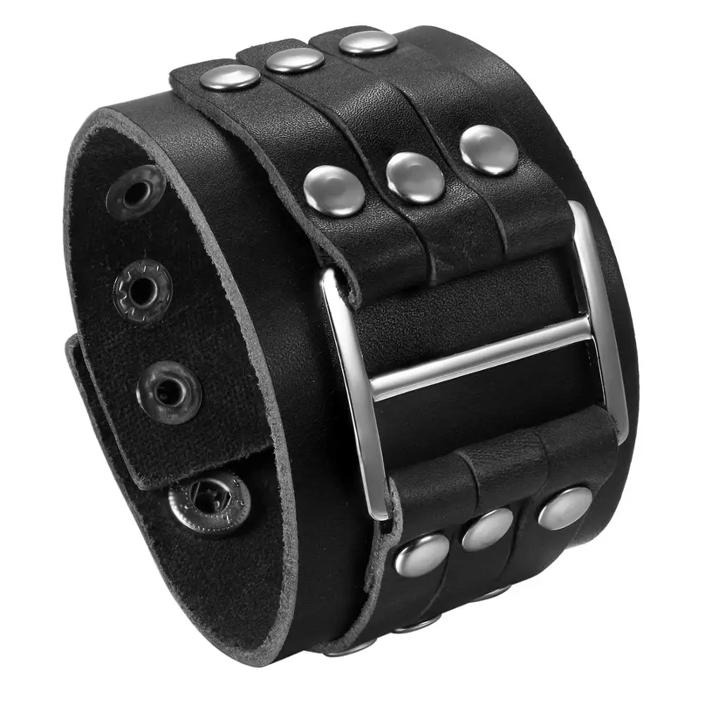 Men's Punk Wide Buckle Rivet Leather Cuff Bracelet