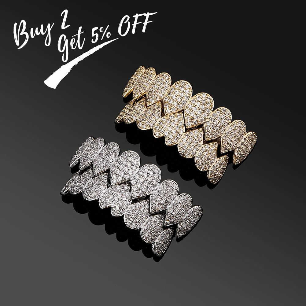 14K Gold Plated Iced Out CZ Grillz Set – Top & Bottom Hip Hop Fangs - Image 2