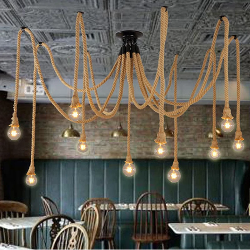 Vintage Hemp Rope Pendant Lamp – Retro Multi-Head Light for Dining & Living Room - Image 3