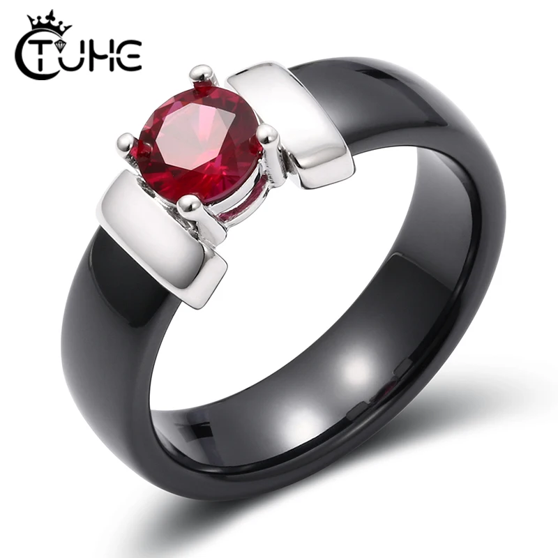 6mm White Black Ceramic Rings with Red CZ Gold Stainless Steel Wedding Engagement Jewelry