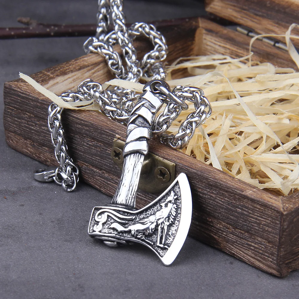 Viking Wolf & Raven Axe Necklace – Norse Mythology Pendant for Men