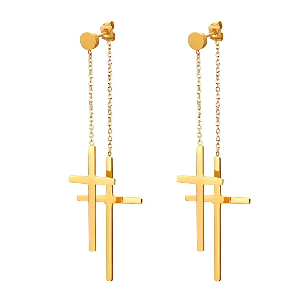 Gold Silver Cross Tassel Drop Earrings – Stainless Steel Party Jewelry