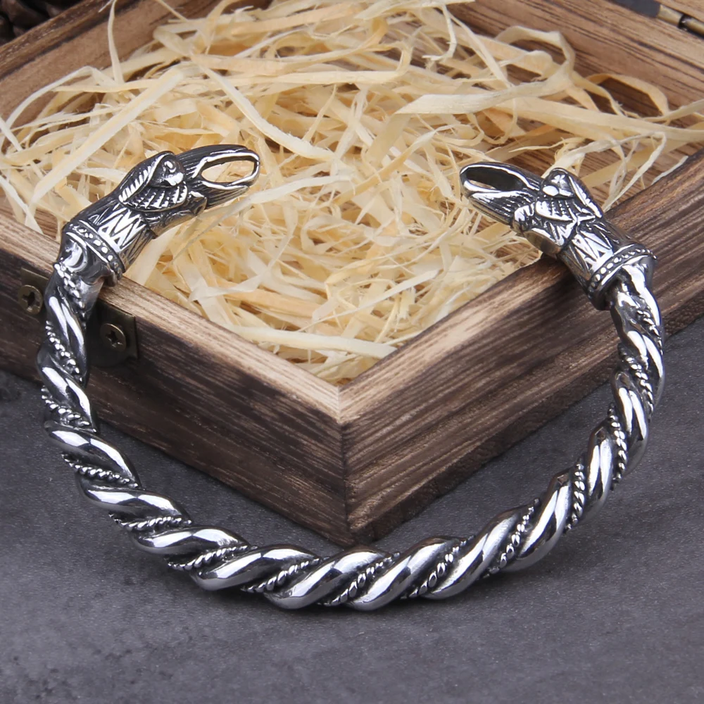 Viking Raven Bracelet Stainless Steel Norse Cuff for Men with Wooden Box