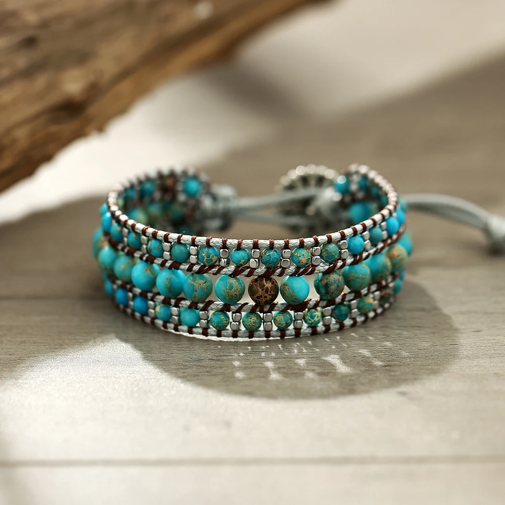 Handmade 3-Row Turquoise Wrap Bracelet – Adjustable Boho Jewelry
