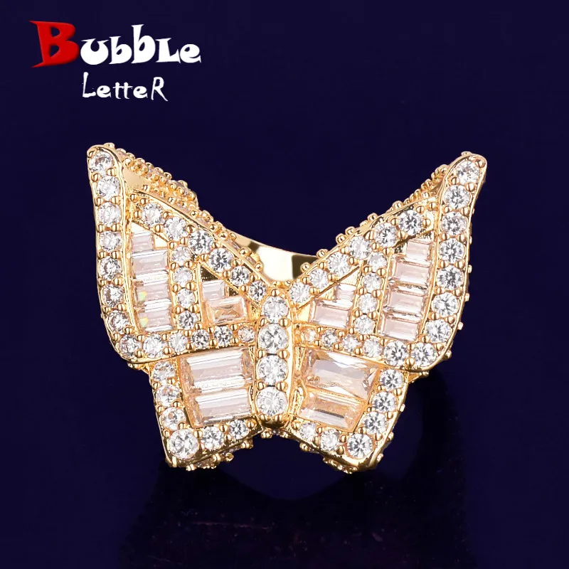 Bubble Letter Butterfly Ring – Iced Out CZ, Gold Plated Hip Hop Jewelry