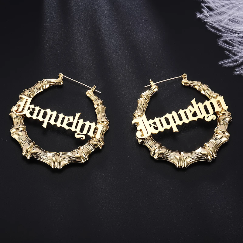 Custom Bamboo Hoop Earrings 45-90mm Personalized Name Statement Hiphop Style Earrings