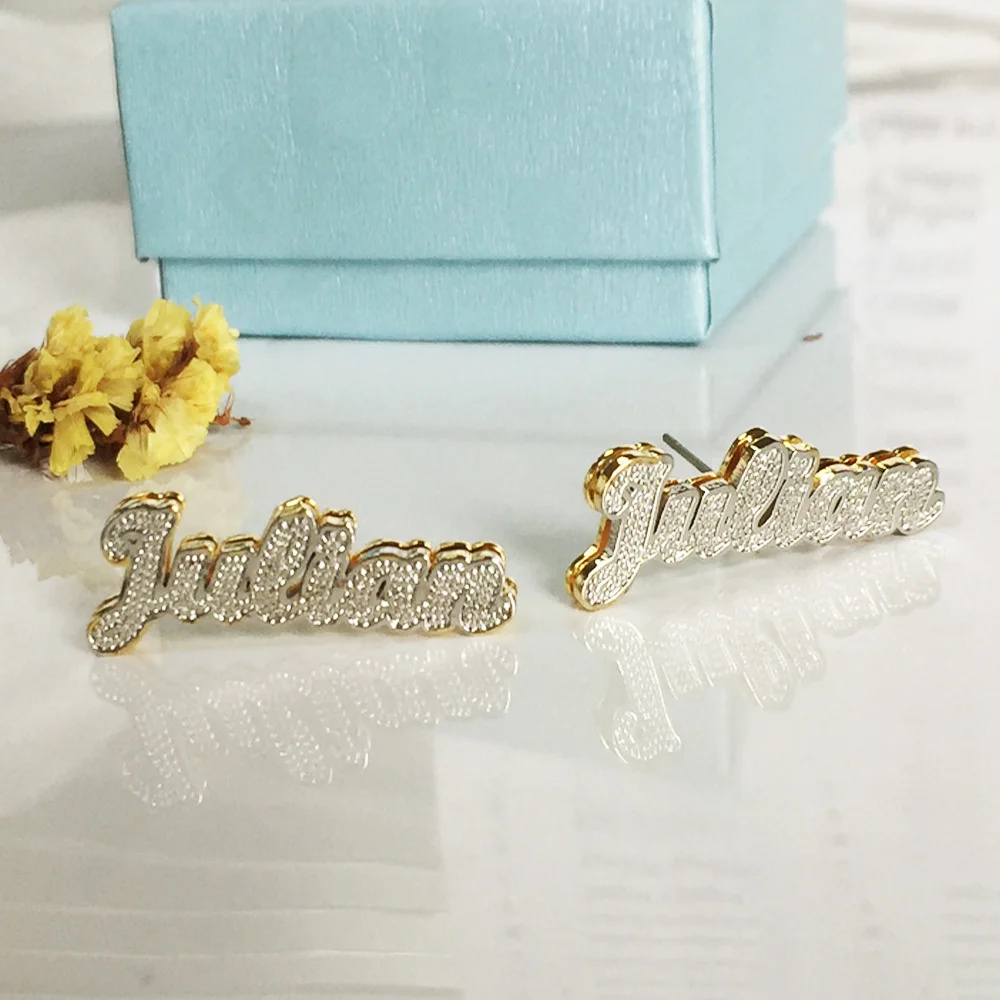 Custom Double Layer Two-Tone Nameplate Earrings for Women – Personalized Letter Studs - Image 2