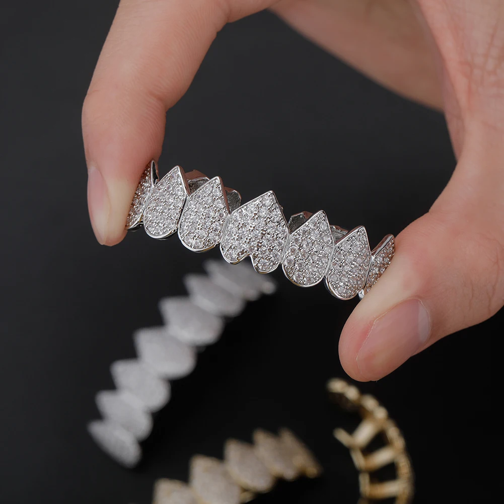 14K Gold Plated Iced Out CZ Grillz Set – Top & Bottom Hip Hop Fangs - Image 3