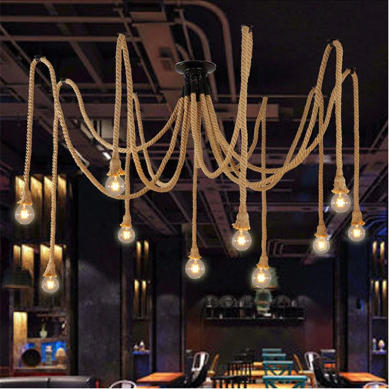 Vintage Hemp Rope Pendant Lamp – Retro Multi-Head Light for Dining & Living Room - Image 4