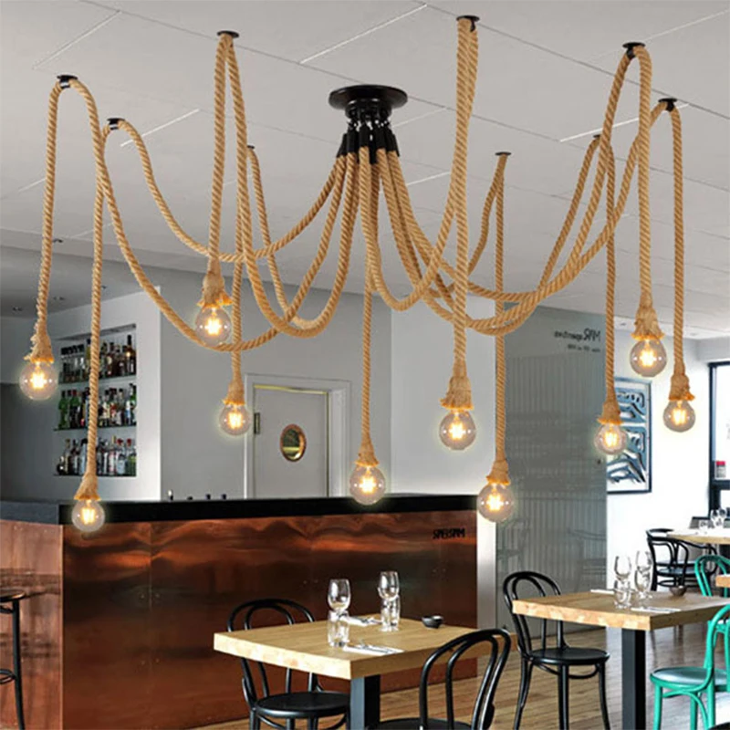 Vintage Hemp Rope Pendant Lamp – Retro Multi-Head Light for Dining & Living Room - Image 5