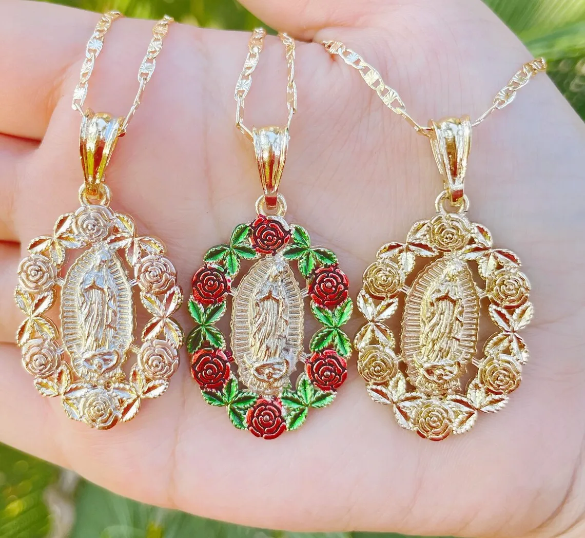 Custom Virgin Mary Necklace with Roses – Personalized Virgen de Guadalupe Pendant