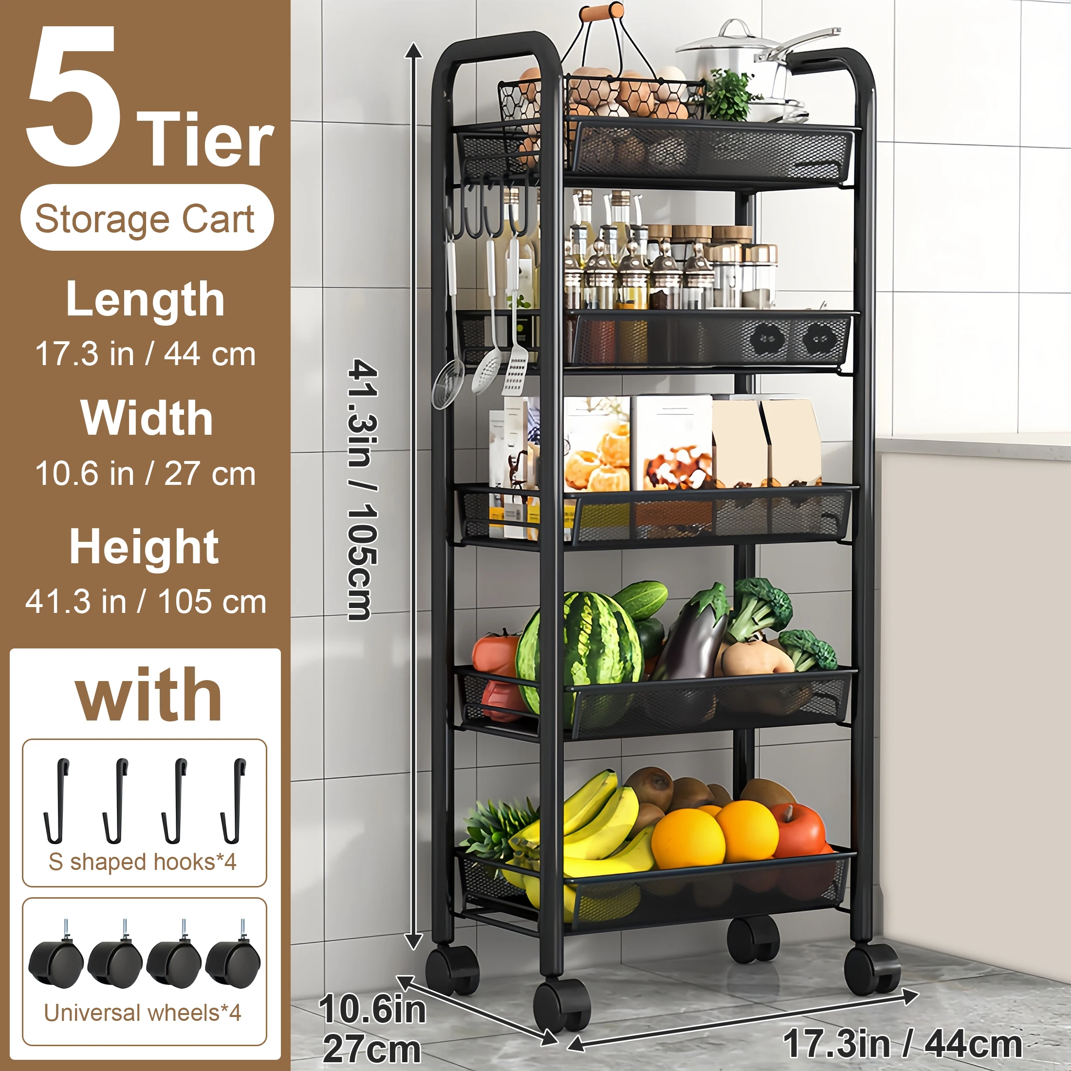 Stackable Metal Kitchen Storage Cart with Wheels – 5-Tier Fruit & Vegetable Organizer