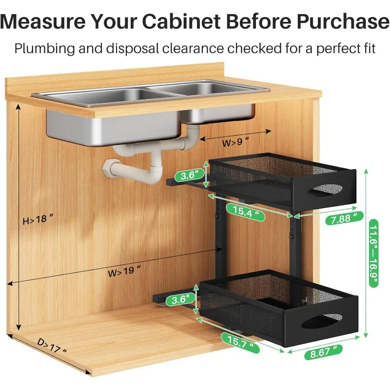2-Pack Under Sink 2-Tier Pull-Out Organizer with Mesh Sliding Drawers – Cabinet Storage Shelves - Image 2