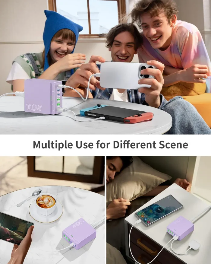 6-Port USB-C GaN Charging Station – 100W PD Fast Charge, Compact Purple Hub - Image 6