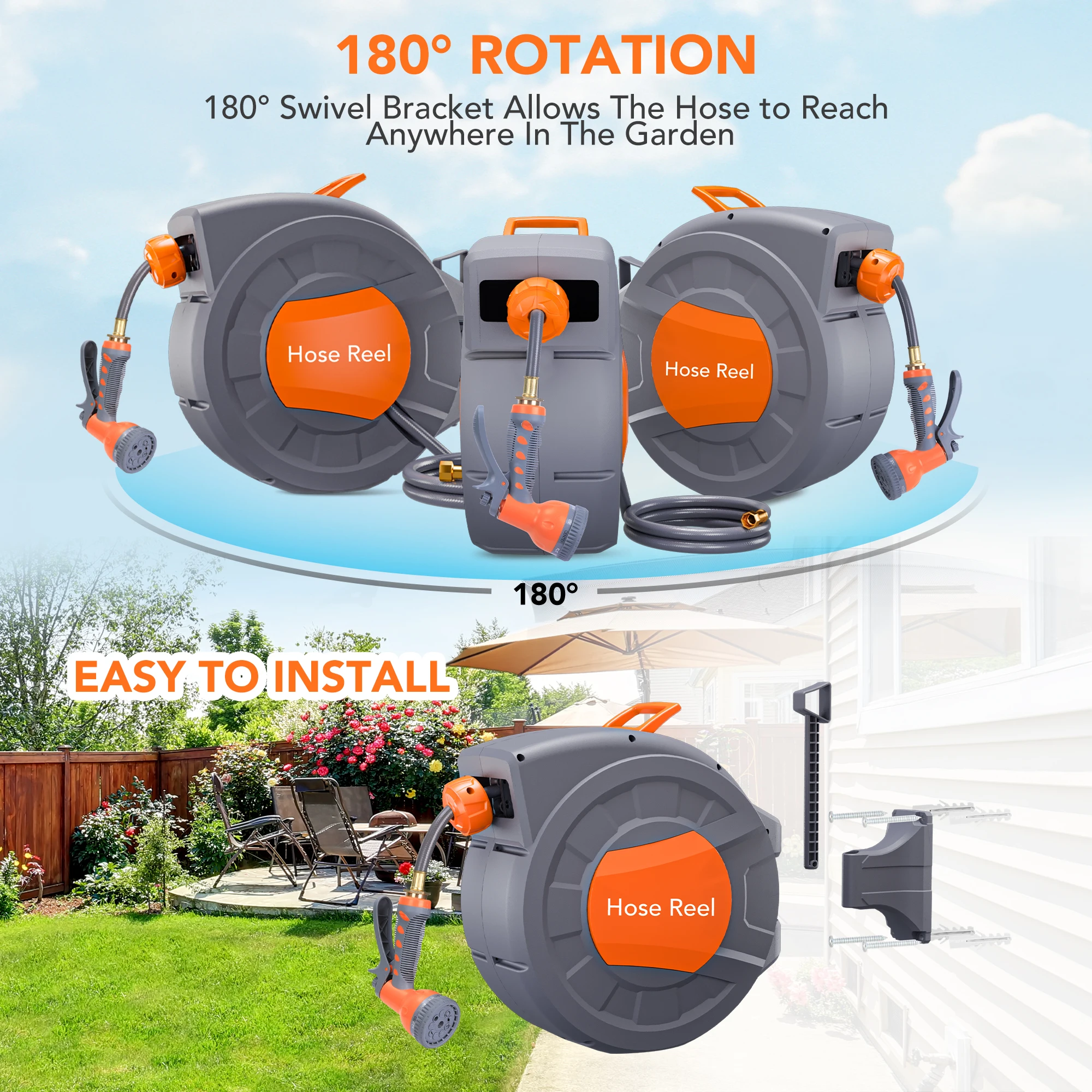 Retractable Garden Hose Reel 1/2" - Wall Mounted with 180° Swivel & Auto Rewind - Image 5