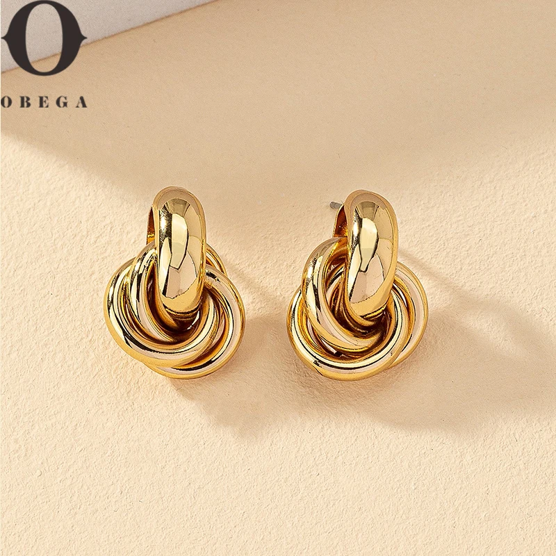 Obega Gold Silver Color Knot Hoop Earrings Women Shiny Plating Trendy Stud Daily Wear Jewelry