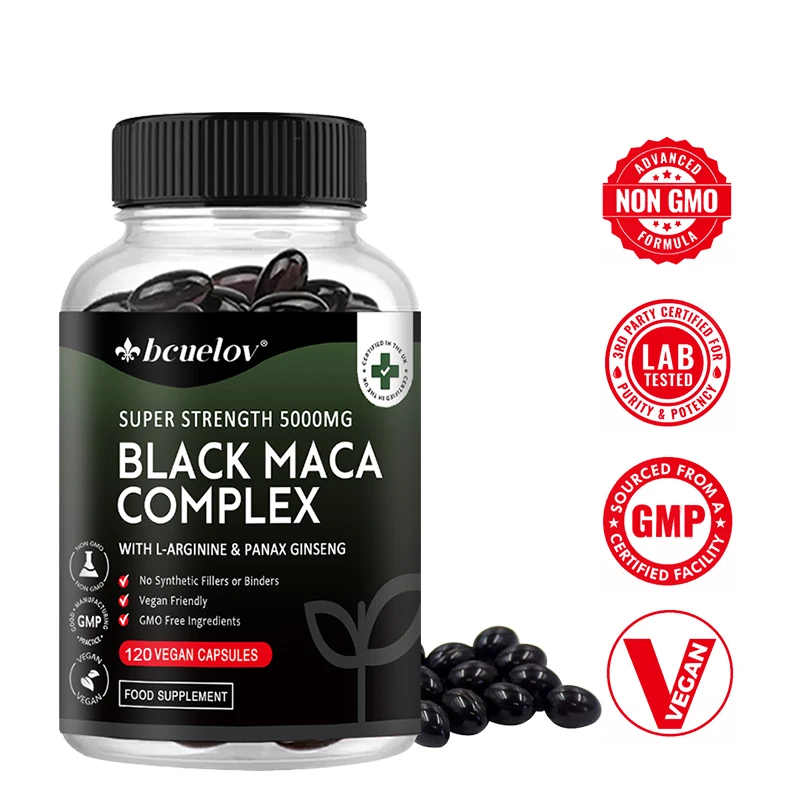 Black Maca & Ginseng Complex - Boosts Energy, Endurance, Mood & Focus, 120 Vegan Capsules