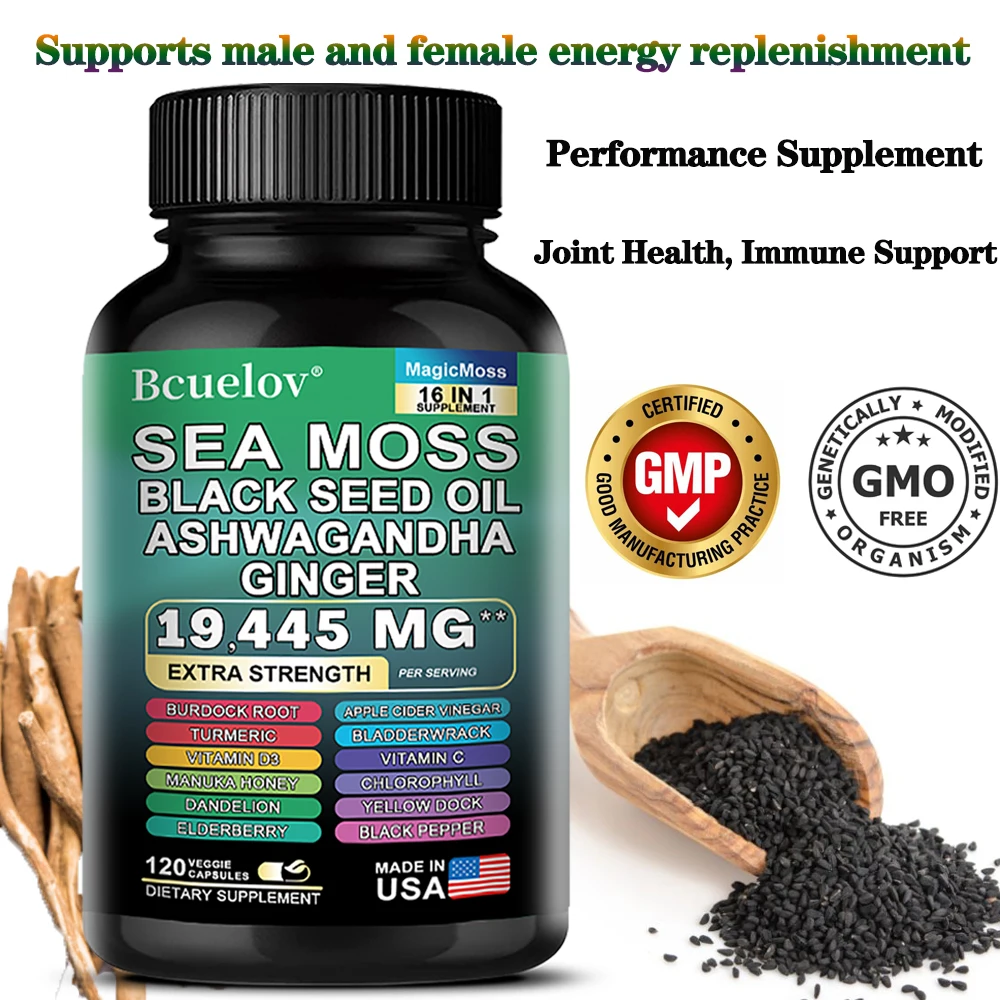 Sea Moss + Black Seed Oil & Ashwagandha Ginger Capsules – Immune Support, Detox