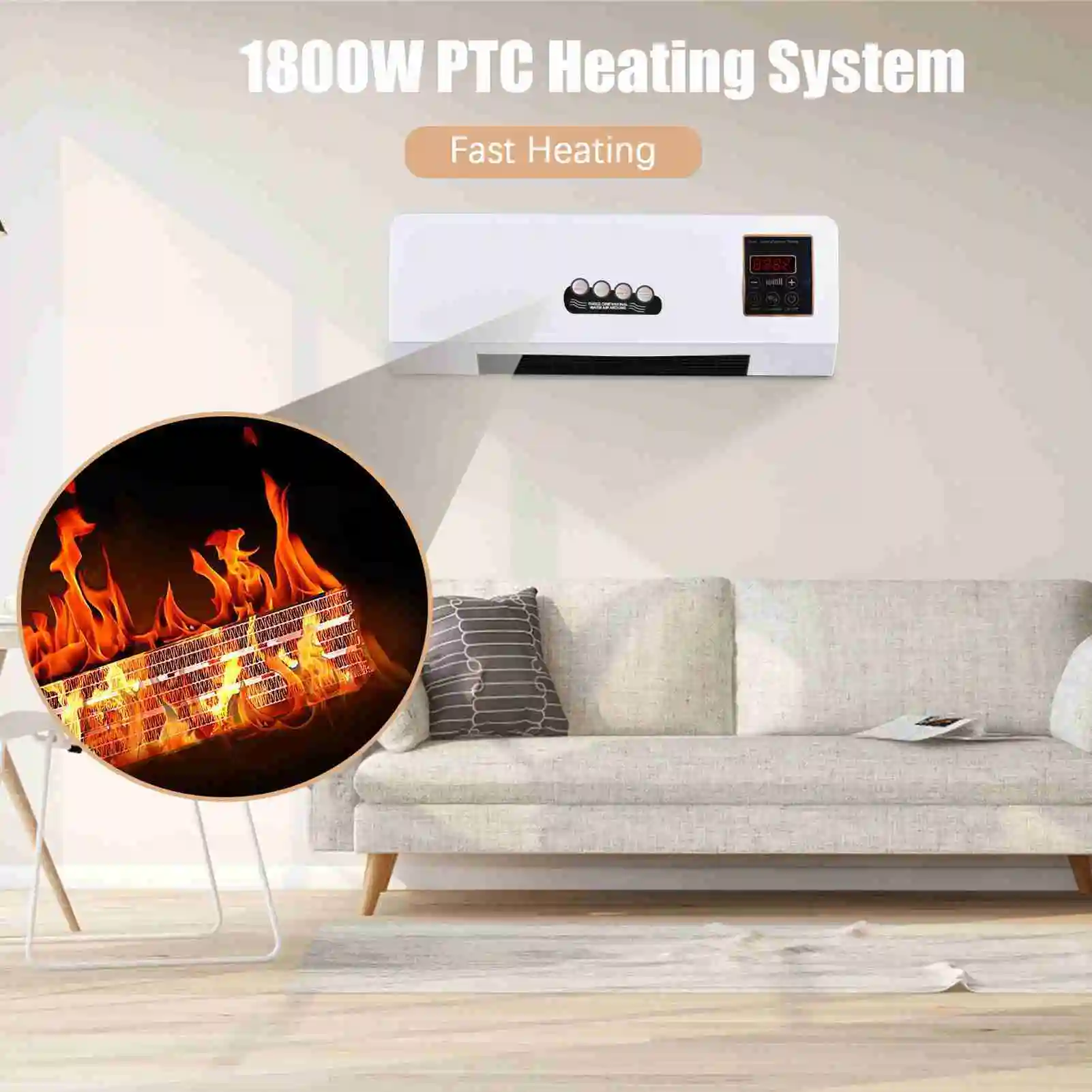 2-in-1 Heater Fan with Digital Timer & Display, Wall-Mounted Space Heater for Home Office